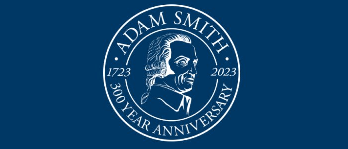 Logo with a graphic portrait of Adam Smith and the text ' Adam Smith 300 Year Anniversary 1723-2023'