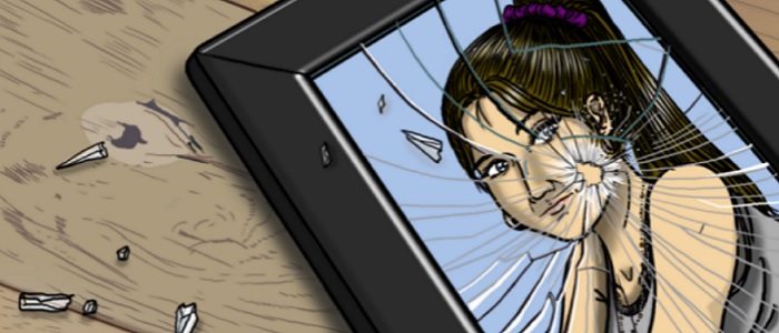 A graphic showing a cracked phone screen with an image of the head and  shoulders of a young woman with a ponytail