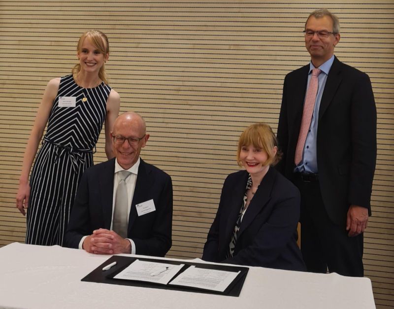 The MoU being signed: From L to R: Charlotte Kedslie (Head of International Relations, UofG), Daniël Wigboldus (President Executive Board, RU), Rachel Sandison (Deputy Vice Chancellor – External Engagement, UofG), Jan Palmowski (Secretary General of the Guild of European Research-Intensive Universities) 