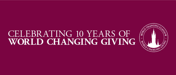 Logo representing the celebration of 10 years of world changing giving at the University of Glasgow