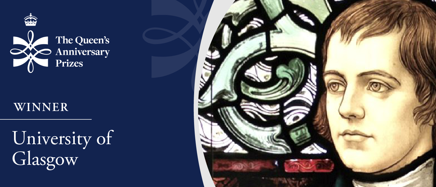 Graphic of Robert Burns' face with the Queen's Anniversary Prize logo and the text: Winner University of Glasgow