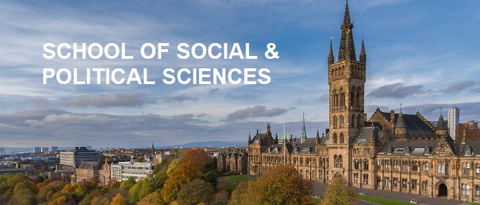 A photo of buildings at Glasgow University and the text 'School of Social & Political Sciences'