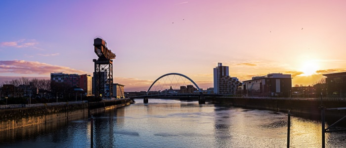 Sunset view of Glasgow with the river Clyde and the squinty bridge Source: Shutterstock