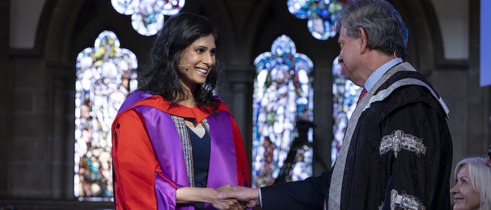 Gita Gopinath with Anton Muscatelli receiving her Honorary degree