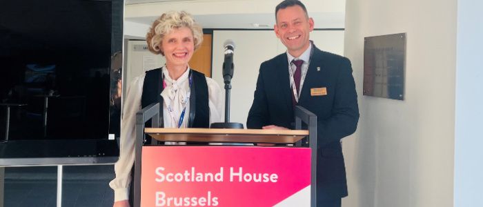 Prof Chris Pearce and Ester Ruskuc, Vice-Principal (Strategy, Policy & Planning), University of St Andrews, at Scotland House Brussels