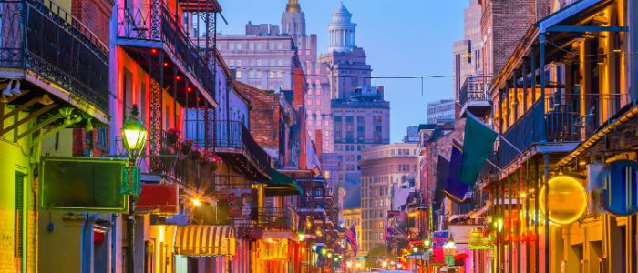Pubs and bars with neon lights in the French Quarter, New Orleans USA