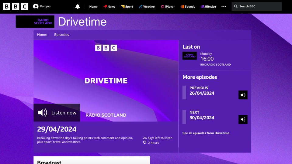 A screenshot of Radio Scotland Drivetime webpage