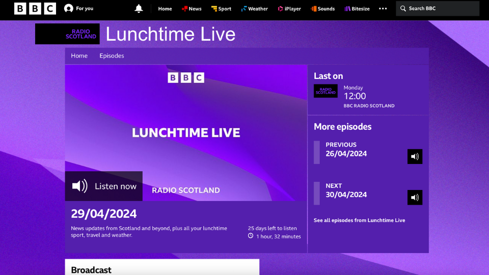 A screenshot of the BBC Scotland Lunchtime Live webpage