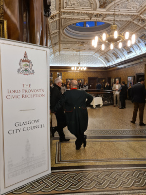 Welcome banner at entrance to Civic Reception at Glasgow City Chambers
