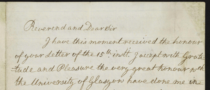 Letter from Adam Smith to Archibald Davidson, Source: Amy Laux