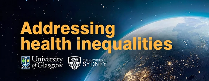 Globe with the wording Addressing Health inequalities