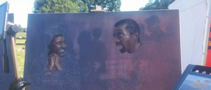 Canvas painting in progress of two people in conversation