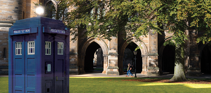 The tardis from Doctor Who appears on campus