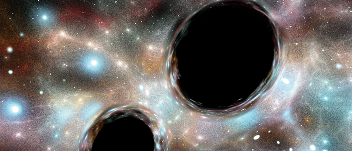 Illustration of two black holes orbiting each other. Russell Kightley/Science Photo Library
