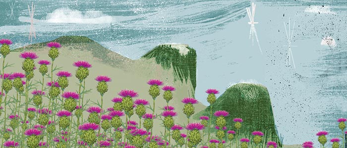 graphic of mountains with thistles