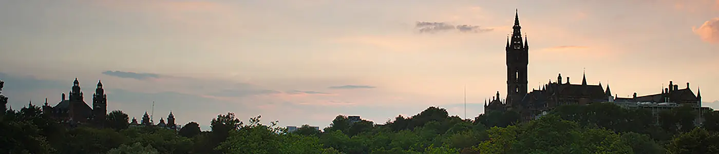 The University of Glasgow Main Building from Kelvingrove Park at sunset