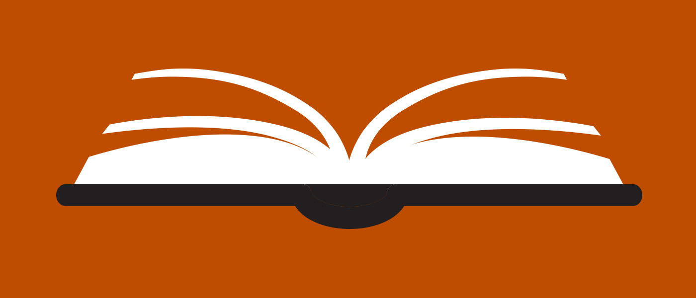Decorative graphic depicting an open book on an orange background