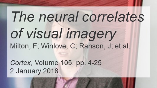 photo of a clean shaven young white man in a pink shirt and tweed suit, under text 'The neural correlates of visual imagery by Milton, F; Winlove, C; Ranson, J; et al. in Cortex, Volume 105, pages 4 to 25, dated 2 January 2018'