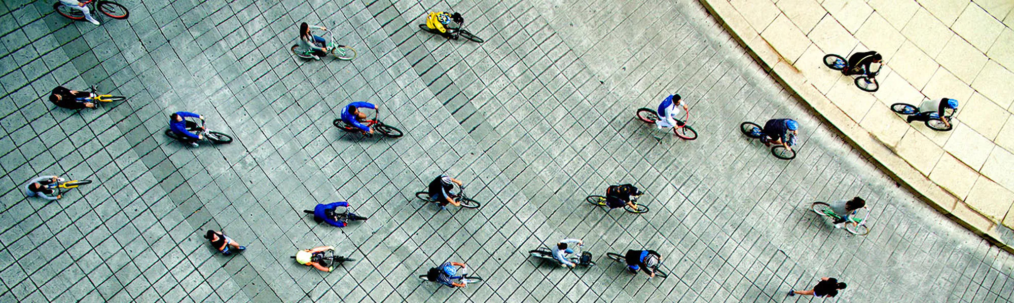 Image from above of students riding bikes