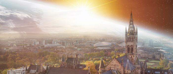 Aerial image of Gilmorehill campus with globe and sun imagery transposed on top