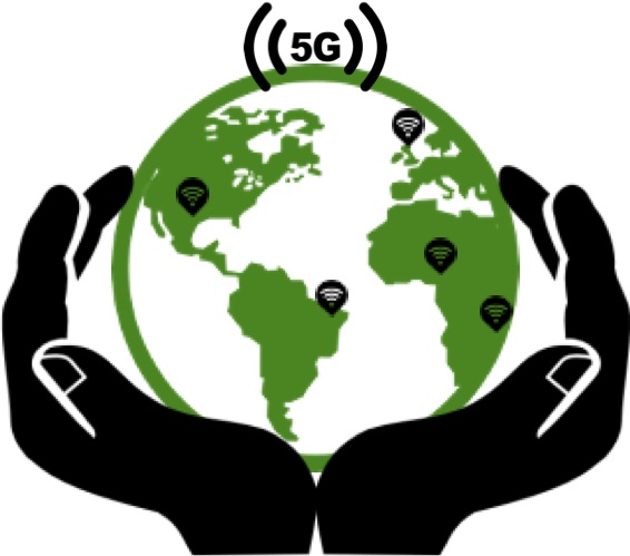A green planet Earth held in two hands with a 5G icon at the top and signal icons at different points on the globe