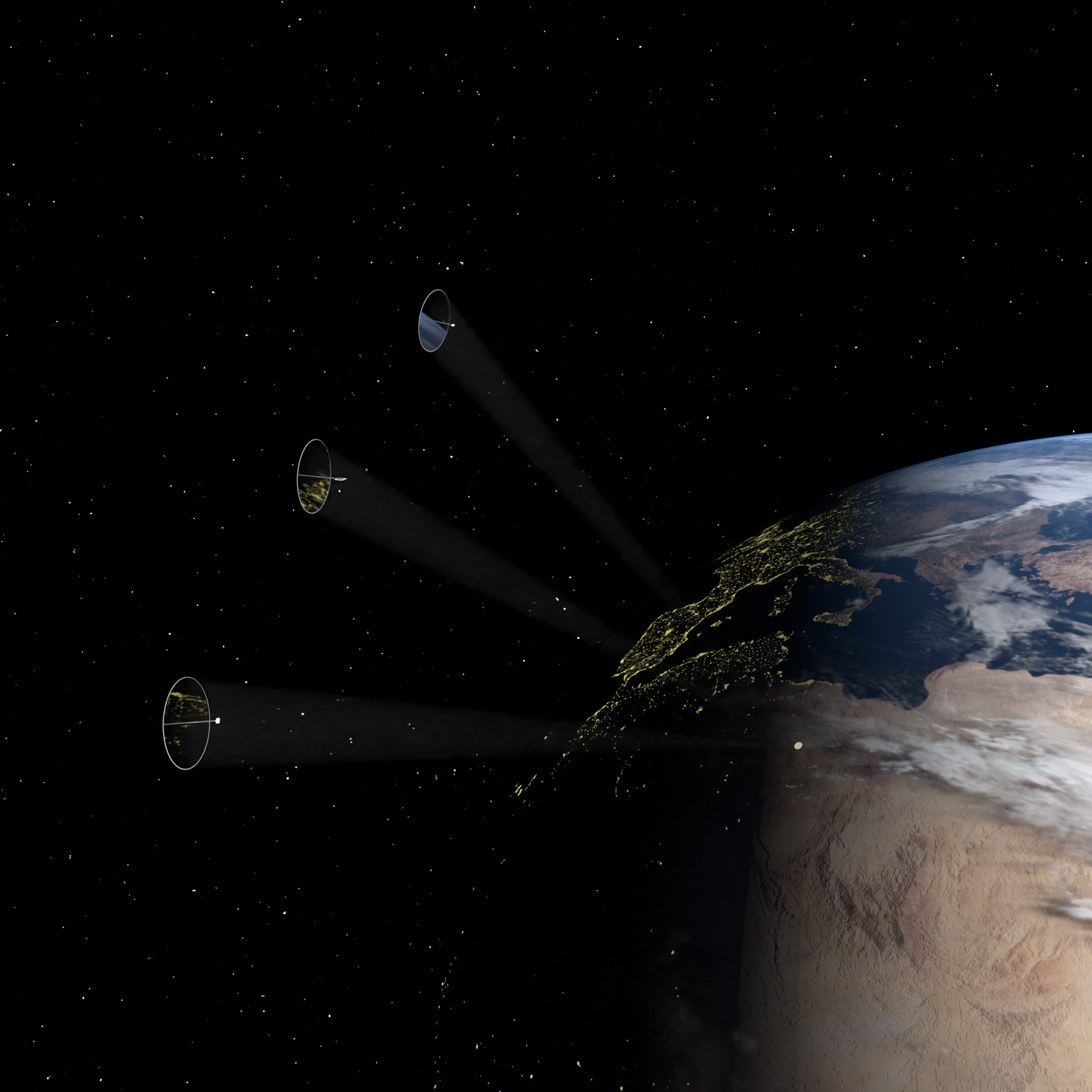 Graphic of light being reflected from satellite panels onto night-time Earth