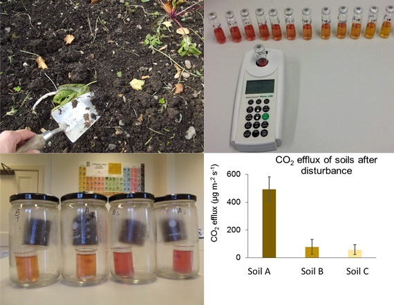 A hand digging into soil with a trowel; soil samples and an instrument; soil samples in containers; a graph showing CO2 efflux of soils after disturbance
