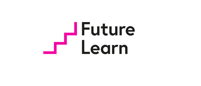 log wit text Future Learn in block with a strong pink line next to it rising in steps like a staircase