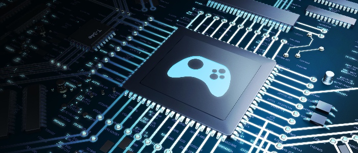 A dark and light blue blue graphic of a magnified microchip with a representation of a gaming handset in the centre. Source: Adam Smith Business School