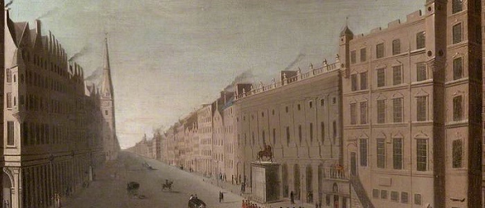 Detail of a painting called 'Trongate, Glasgow, Looking West from Glasgow Cross' circa 1770-80 by an unknown artist. In the collection of Glasgow Life Museums and reproduced under Creative Commons Attribution-NonCommercial-NoDerivatives licence (CC BY-NC-ND).https://artuk.org/discover/artworks/trongate-glasgow-looking-west-from-glasgow-cross-after-the-foulis-academy-85999