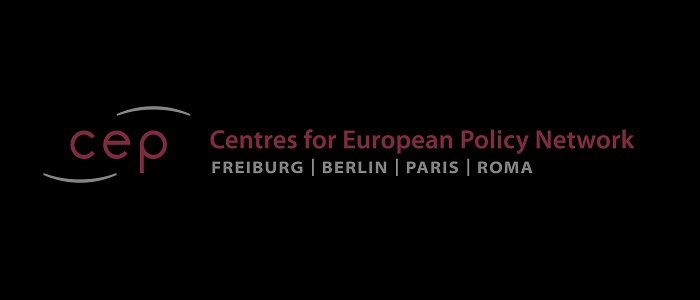 Black backgound with words 'CEP, Centres for European Policy Network', and the names of these cities: Freiburg, Berlin, Paris, Roma