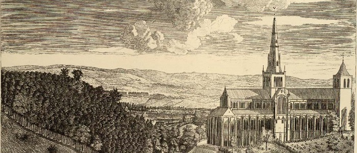 A detail from a reproduction of an engraving by Robert Paul from 1760s showing Glasgow cathedral with a wooded hill and valley next to it and buildings in Glasgow in the distance. Source: Glasgow University Archives and Special Collections https://www.gla.ac.uk/myglasgow/library/files/special/exhibns/foulis/prints.htm