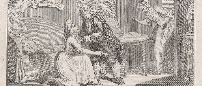 A black and white cartoon from 1793 showing a woman on one knee with a banknote in one hand being helped up by a gentleman as a old lady comes though the door to the room. Source: Met Museum, Public Domain https://www.metmuseum.org/art/collection/search/738939