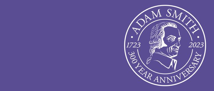 Adam Smith tercentenary badge on a lavender background
