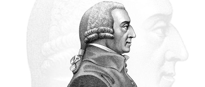 black and white illustration showing Adam Smith in profile