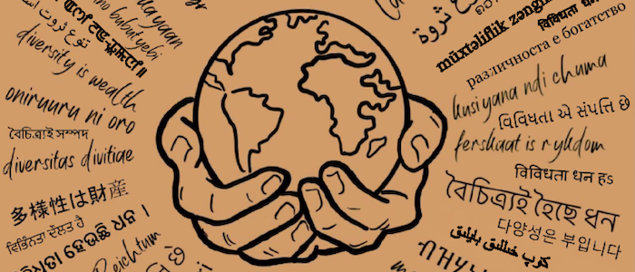 A orange background with two hands holding the earth around it is multiple different languages all saying